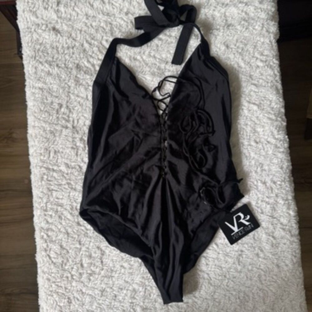 Venice Rani Swimwear Black Halter Lace Up Low Back One Piece Swimsuit Medium NWT
